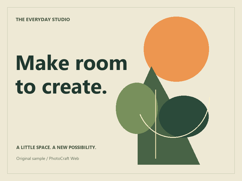 Original botanical poster sample with a sun, leaf shapes and the words Make room to create